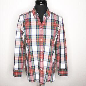 J Crew Classic red white green plaid button down top size 4